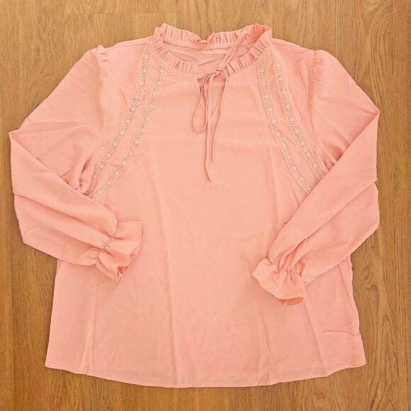 Pink Pullover Blouse Dress Shirt Womens XL with Lace Accents New - Picture 4 of 4